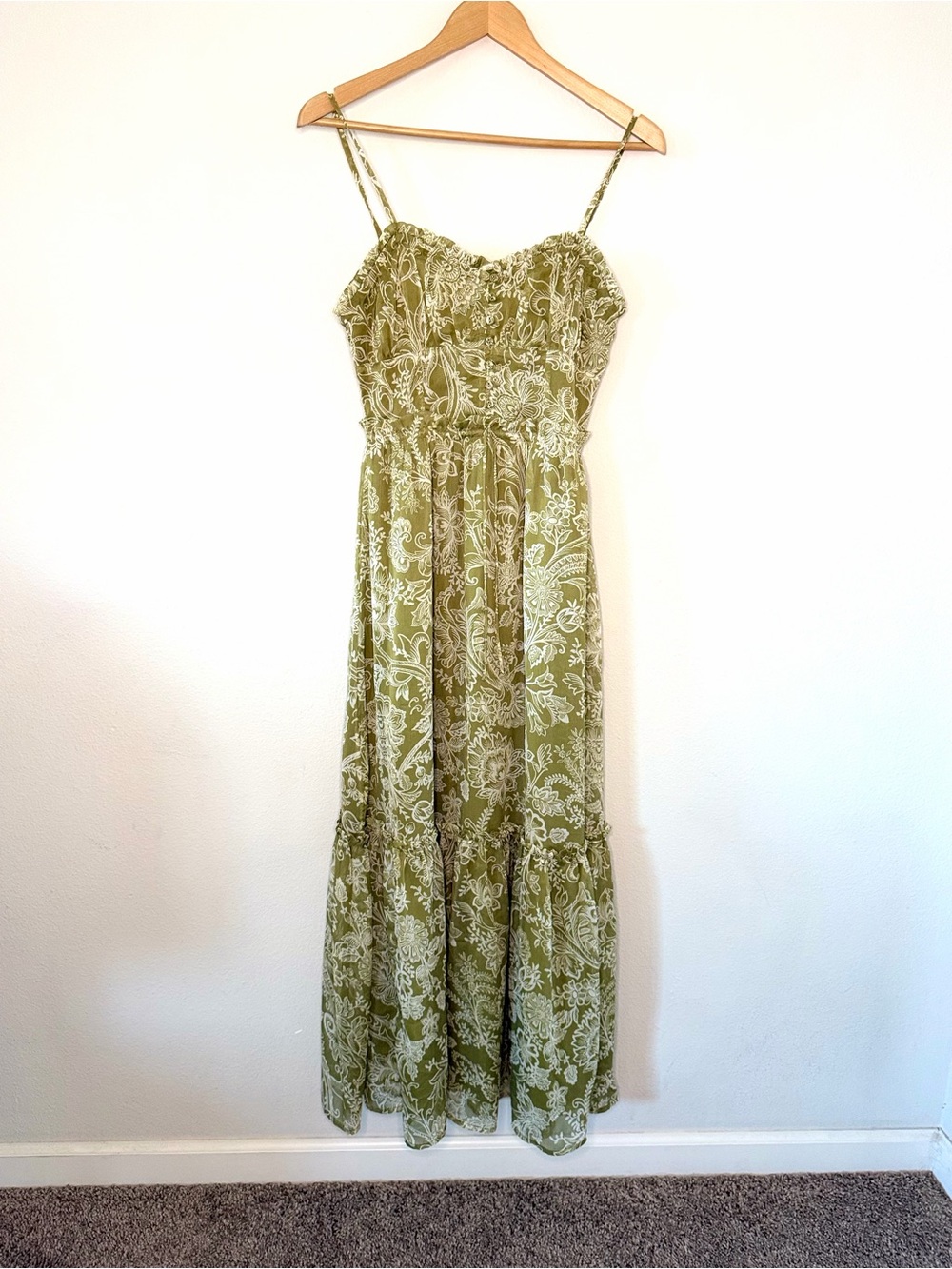 Patrons of Peace Olive Floral Boho Cottagecore Smocked Maxi Dress Small - Picture 1 of 11